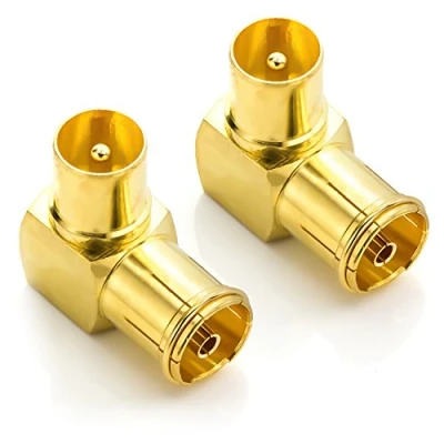 Immagine di deleyCON 2x Angolo d&#039;angolo IEC 90 Connettore SET Placcato Oro Coassiale per Radio TV via Cavo DVB T T2 HD