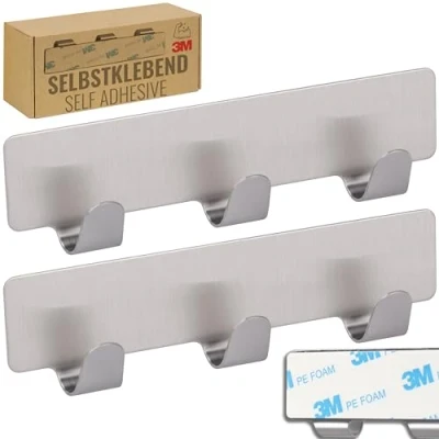 Immagine di RICOO Ganci Adesivi in Acciaio Inox, Modello MH020 2, Attaccapanni Adesivo per Bagno e Cucina con 3 Ganci, Dimensioni 12 x 1,7 cm, Stile Moderno, Set di Argento.