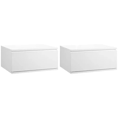Immagine di HOMCOM Set 2 pz Comodino Moderno con Cassetto e Design Sospeso per Camera da Letto Soggiorno, in Truciolato MDF, 49x38x23cm, Bianco
