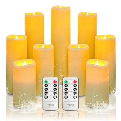 Immagine di YIWER Impermeabile Led Candele senza Fiamma,Esterno Interno a Batteria Flickering con Timer Remoto,Avorio Plastica Set di 9 D2,2&quot;xH4&quot;5&quot;6&quot;7&quot;8&quot;9&quot;per la Decorazione del Partito