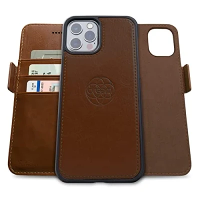 Immagine di dreem Fibonacci compatibile con iPhone 13 Pro custodia a portafoglio/custodia antiurto 2 in 1 e folio pelle vegana staccabile, MagSafe, protezione RFID [Cioccolato]