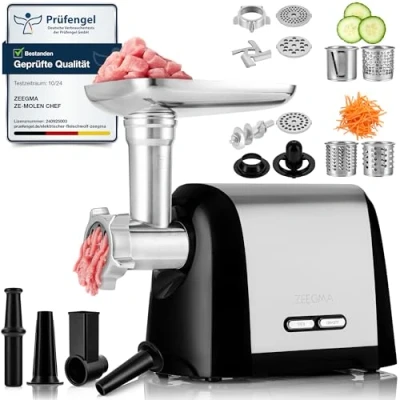 Immagine di ZEEGMA Molen Chef Tritacarne Elettrico Per Carne, 1900 W, con 3 piastre di molatura in acciaio inox, 1,8 kg/min, Macchina Salsicce, Kubbe, Sminuzzamento, Funzione REV, Kit accessori