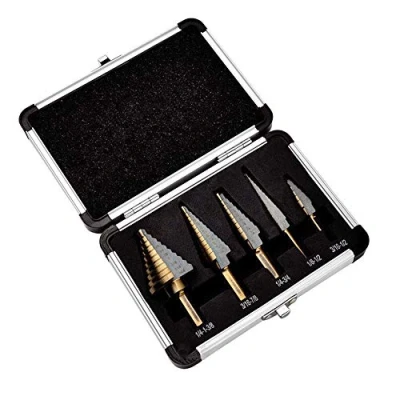 Immagine di Meichoon punte per trapano a gradino British System 5 set 1/4 1 3/8&quot; 3/16 7/8&quot; 3/4&quot; 1/8 1/2&quot; 1/2&quot;, HSS rivestito in titanio, codolo triangolare multifunzione Pagoda DC14