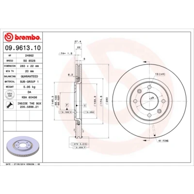 Immagine di BREMBO 09.9613.10 Disco freno 283 22 4 ventilazione interna con bulloni/viti PEUGEOT: 306 Hatchback