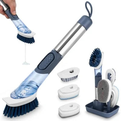 Immagine di LEAZZLE 27CM Spazzola per Piatti Cucina Set con 4 Multifunzione Testine Ricambio e Base di Stoccaggio, Lavapiatti Dispenser Detersivo, Lavaggio Pentole Posate Lavello