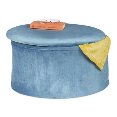 Immagine di Relaxdays Pouf Contenitore Rotondo, Sgabello Poggiapiedi Imbottito, Puffo in Stoffa di Velluto, Celeste, Verde, 31 x 57 cm, 1 pz