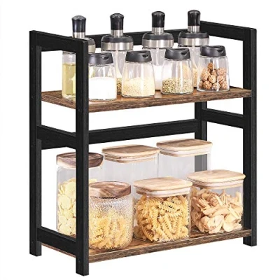 Immagine di SONGMICS Portaspezie OFS046B01, scaffale portaoggetti a 2 ripiani, organizer da scrivania, struttura in bambù, per cucina, sala pranzo, ufficio, rustico, marrone e nero