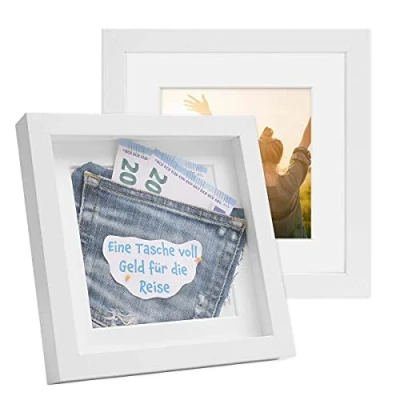 Immagine di PHOTOLINI 3D cornici 20x20 cm bianco, cornice profonda con vetro e passe partout, set di 2 per oggetti fino a 1,5 profondità, legno MDF perfetta il fai da te come regalo
