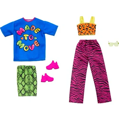 Immagine di Barbie Vestiti, moda e accessori Pack bambole alla moda, il set include 2 look completi con abiti vivaci pezzi di stile