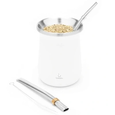 Immagine di BALIBETOV Mate Argentino Set Yerba Moderna (Tazza Mate) Acciaio Inossidabile 18/8 a Doppia Parete Include Due Bombilla e Una Spazzola per la Pulizia (Bianco)