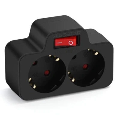 Immagine di Aigostar Presa Schuko Doppia,Presa Multipla con Interruttore ed Protezione Bambini,Adattatore 2 prese universali Combinata Standard Tedesco, Nero