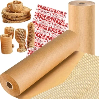 Immagine di rotolo di carta da imballaggio a nido d&#039;ape, 38,1 x 400 m, riciclabile, per regali, traslochi, spedizioni, imballaggi in plastica, protettiva con 12 adesivi fragili