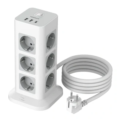 Immagine di TESSAN 12 Prese Ciabatta Multipresa con USB, Elettrica Cavo 2M, Torretta USB C, Verticale Protezione Sovratensione, Interruttore