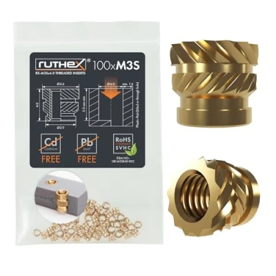 Immagine di ruthex Inserto filettato M3S SHORT 100 pezzi RX M3x4,0 Boccola filettata in ottone dado di inserimento per parti plastica utilizzabile stampate 3D tramite calore