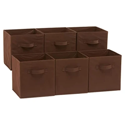 Immagine di Amazon Basics, Cubo/organizer portaoggetti pieghevole in tessuto, con maniglia,(confezione da 6), Marrone, Tinta Unita, 26.67 x 27.94 cm