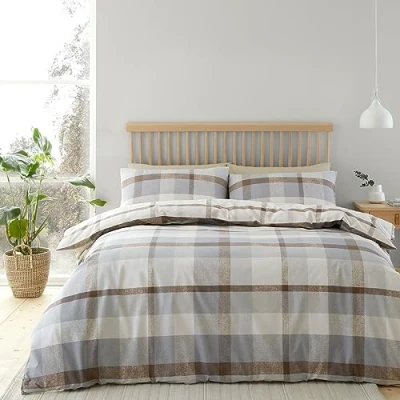 Immagine di Catherine Lansfield Set copripiumino matrimoniale reversibile con federe, in cotone spazzolato, a quadri, colore naturale