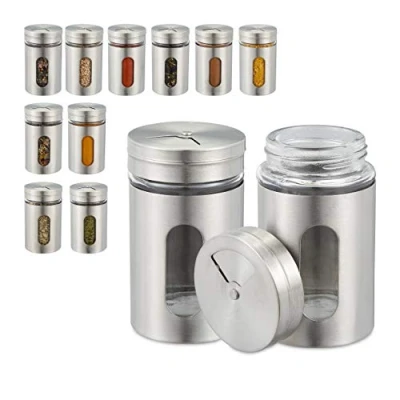 Immagine di Relaxdays Portaspezie, Set da 12, con 3 Aperture Spargispezie Diverse, Interno Visibile, in Vetro, Acciaio Inox, Argento