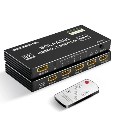Immagine di Switch HDMI 2.1 8K 120Hz 4K 5 in 1 Out, BolAAzuL @ 60Hz 2.1, selettore a porte con telecomando 2K 144Hz, 5x1 HDR, 48 Gbps, CEC, Dolby Vision, per Xbox Series X PS5