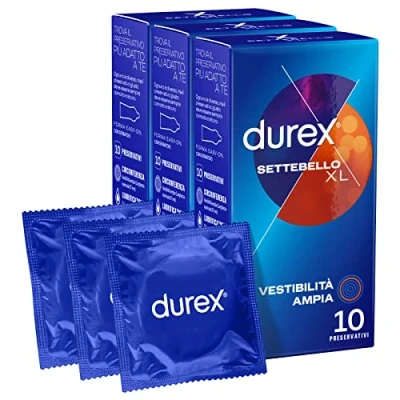 Immagine di Durex Settebello XL Preservativi Extra Large Uomo Lattice di Gomma Naturale Trasparenti Lubrificati Forma Easy On Serbatoio Vestibilità Ampia Spessore Medio 3 Confezioni da 10 Profilattici