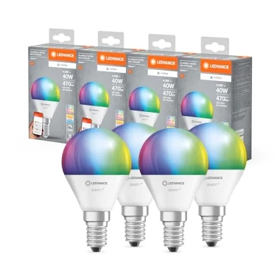 Immagine di Ledvance Lampada Led Smart+ Matter, Smerigliata, 4,9W, 470Lm, Forma a Candela E14, Luce Colorata e Bianca, Compatibile con Google, Alexa, Apple, App o Controllo Vocale, 20.000 Ore,Conf. Da 4