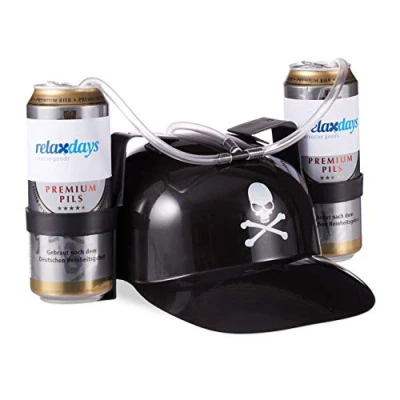 Immagine di Relaxdays 4x Elmetti Porta Birra, Stemma dei Pirati, per 2 Lattine, Gadget Carnevale, Cappello Bibite con Teschio, Nero