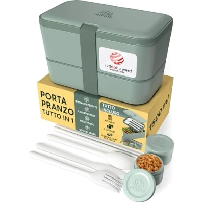 Immagine di Umami Bento Box portapranzo tutto in uno, per adulti, contenitori la preparazione dei pasti uomo/donna (1500 ml, Ardesia Verde)