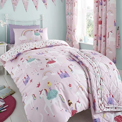Immagine di Happy Linen Company Set Copripiumino Principessa, unicorni ed arcobaleni Double Face Rosa Una Piazza e Mezza