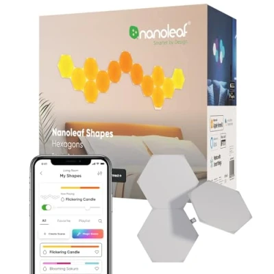 Immagine di Nanoleaf Shapes Hexagon Expansion Pack, 3 Esagoni Led Aggiuntivi RGBW Applique da Parete Interno Modulari, Luci 16M Colori WiFi, Funziona con Alexa, Sincronia Musica e Monitor, Deco Gaming