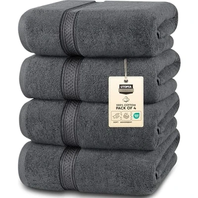 Immagine di Utopia Towels Set di 4 asciugamani da bagno alta qualità (68 x 137 cm), 100% cotone filato ad anello 600 g/m², leggeri e altamente assorbenti, asciugatura rapida, perfetti per l&#039;uso quotidiano