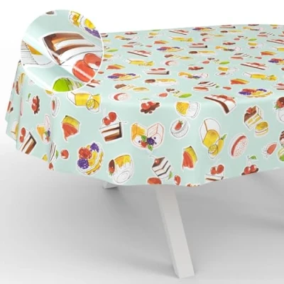 Immagine di ANRO Tovaglia in tela cerata, lavabile, da giardino, per interni ed esterni, ovale, 220 x 140 cm, con bordo tagliato, comodino, menta