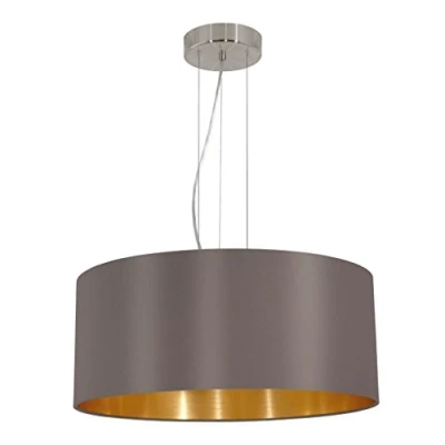 Immagine di EGLO La lampada a sospensione Maserlo, in tessuto tre punti luce, acciaio e tessuto, nichel opaco, cappuccino, oro, E27, diametro 53 cm
