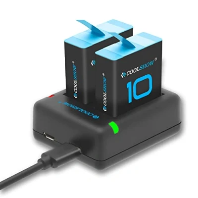 Immagine di COOLSHOW 2 batterie di ricambio Hero 9, 1800 mAh e doppio caricatore (USB) per GoPro colore: Nero