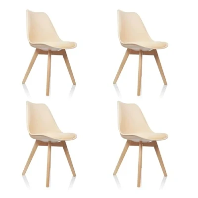 Immagine di HJH Office 661012 Sedia da pranzo Set di 4 SCANDI Plastica Beige Gambe in legno massiccio Faggio, imbottita Design retrò