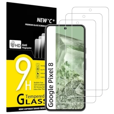 Immagine di NEW&#039;C 3 Pezzi, Vetro Temperato per Google Pixel 8, Pellicola Prottetiva, Senza Bolle, Durezza 9H, 0,33mm Ultra Trasparente, Resistente (NON COMPATIBILE 8A/8Pro)