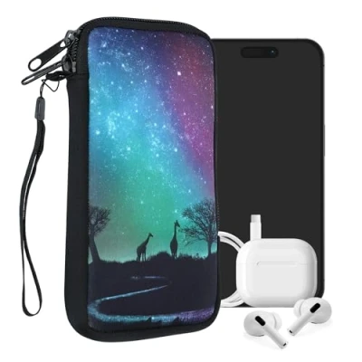Immagine di kwmobile Custodia in neoprene con zip per smartphone XL 6,7/6,8&quot; Astuccio portacellulare a sacchetto cerniera Borsa verticale Night Safari nero/blu scuro/fucsia