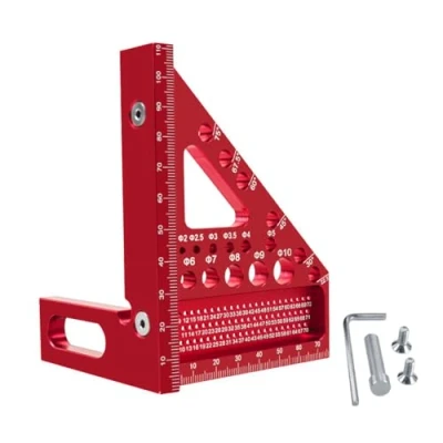 Immagine di 3D Squadra da Falegname con Perni Nascosti,22.5 90Squadra Carpentiere in Alluminio 11 Tipi di Fori per Trapano,Squadretta Carpentiere,Righello Misurazione 3D,Rosso