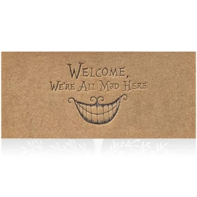 Immagine di Zerbino grande, 40 x 120 cm, per interni ed esterni, ingresso con scritta &quot;Welcome We&#039;re All Mad Here&quot;, divertente, di casa, retro in gomma, marrone