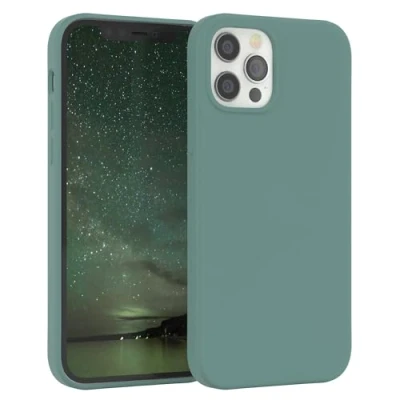 Immagine di EAZY CASE Silicone Custodia per cellulare compatibile con iPhone 12/12 Pro, Slimcover protezione della fotocamera e fodera, in silicone, copertura protettiva, Verde Notte