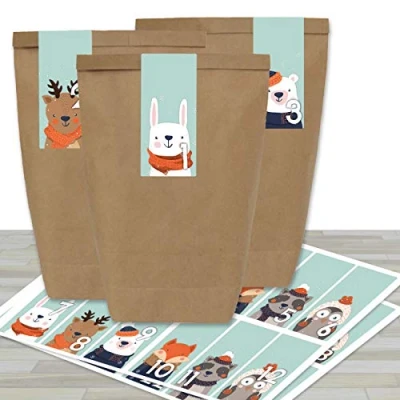 Immagine di PaPIerDraCHeN Set Calendario dell&#039;Avvento 24 Sacchetti di Carta Marrone e Numeri Adesivi Quadrati con Animali della Foresta Blu Fai da Te riempi Mini n. 61 Natale 2021.