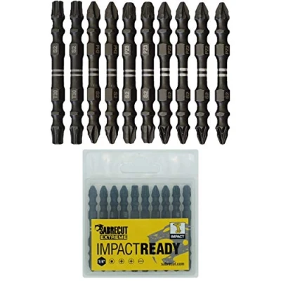 Immagine di 10 punte per cacciavite a percussione SabreCut SCPC65_10 65 mm PZ2 PZ3 PH2 T30 doppia estremità Pozidriv POZI n. 2 3 Phillips Torx 30 impieghi gravosi con scatola di immagazzinaggio