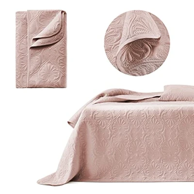 Immagine di ROOM99 Leila Elegante copriletto rosa cipria 170 x 210 cm, versatile come o copridivano, coperta per letto e divano, trapunta in stile patchwork, ideale bedspread