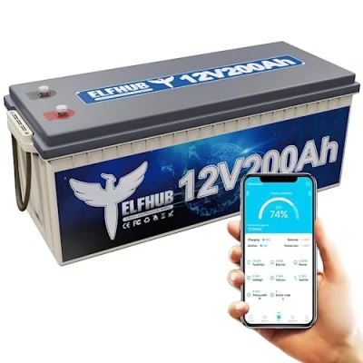 Immagine di Elfhub batteria LiFePO4 da 12 V 200 Ah con Bluetooth integrato A BMS, al litio 2560 Wh, 4000 cicli, ideale per camper, trailer, barca e campeggio
