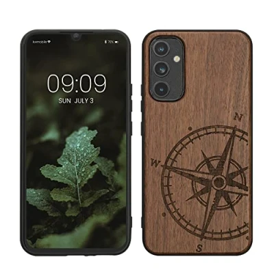 Immagine di kwmobile Custodia Compatibile con Samsung Galaxy A34 5G Cover Back Case in Legno Bumper Silicone TPU Bussola vintage marrone scuro