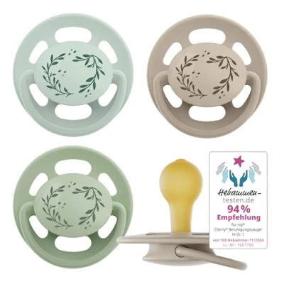 Immagine di nip Cherry Green 0 6 mesi Ciuccio per l&#039;allattamento con tettarella delicata sui denti neonati. sostenibile realizzato materie prime naturali 4 pezzi, verde chiaro/marrone