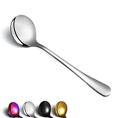 Immagine di Berglander 12 pezzi cucchiai da zuppa, posate a cucchiaio rotonde in acciaio inossidabile, zuppa classico lucido, set di tavola lavabili lavastoviglie.