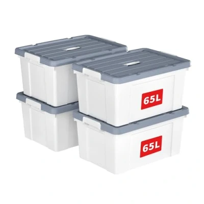 Immagine di Cetomo Scatola portaoggetti in plastica, 65L*4, contenitore per organizzare con coperchio durevole e fibbie di chiusura sicura, impilabile annidabile, 4 pezzi, bianco