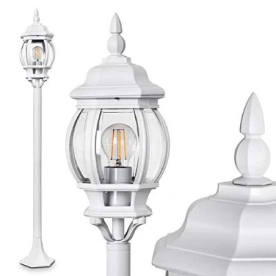 Immagine di lampada da esterno Lentua, luce di percorso in stile antico, fusione alluminio bianco, terra 120 cm, giardino retrò/vintage, attacco E27, IP44, senza lampadina/e