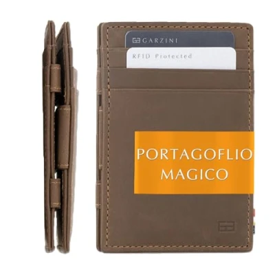 Immagine di GARZINI Portafoglio Magico in vera pelle, sottile e minimalista Magic Wallet da uomo con sistema di blocco RFID, Java Brown