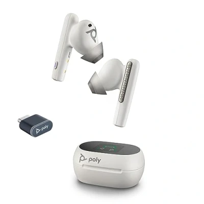 Immagine di Poly Voyager Free 60+, Auricolari con Connessione Bluetooth 5.3 e USB C, Cancellazione del Rumore, Cuscinetti S/M/L, Comandi sul Dispositivo, Autonomia 24 Ore, Compatibile Windows macOS, Bianco