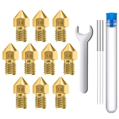 Immagine di MMOBIEL 10 pz. ugelli estrusore per stampante 3D MK8 in ottone da 1,0 mm compatibile con serie Creality Ender 3, 5, CR 10/10S, Makerbot, inclusi 3 aghi pulizia e chiave